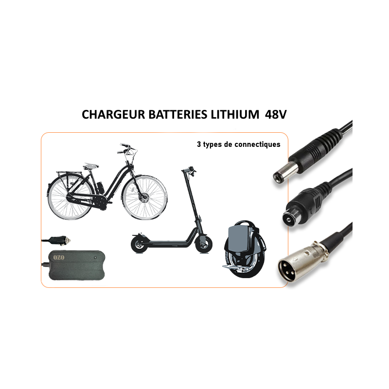 Chargeur 48V 2A pour batterie lithium de vélo et trotinette électrique