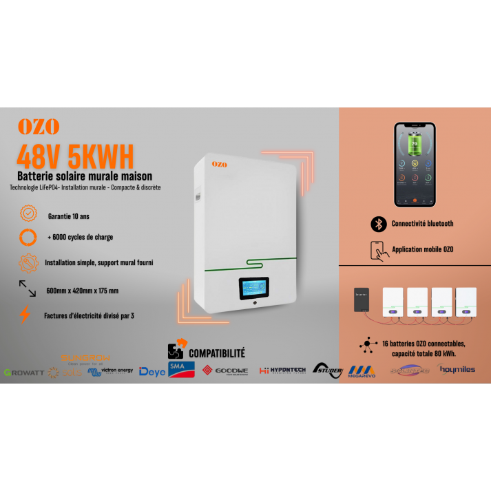 Batterie au lithium-ion 48V 100Ah 5 kWh Power Wall pour système solaire domestique.